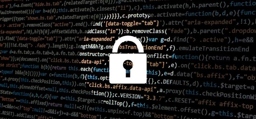 Padlock image imposed on computer code.